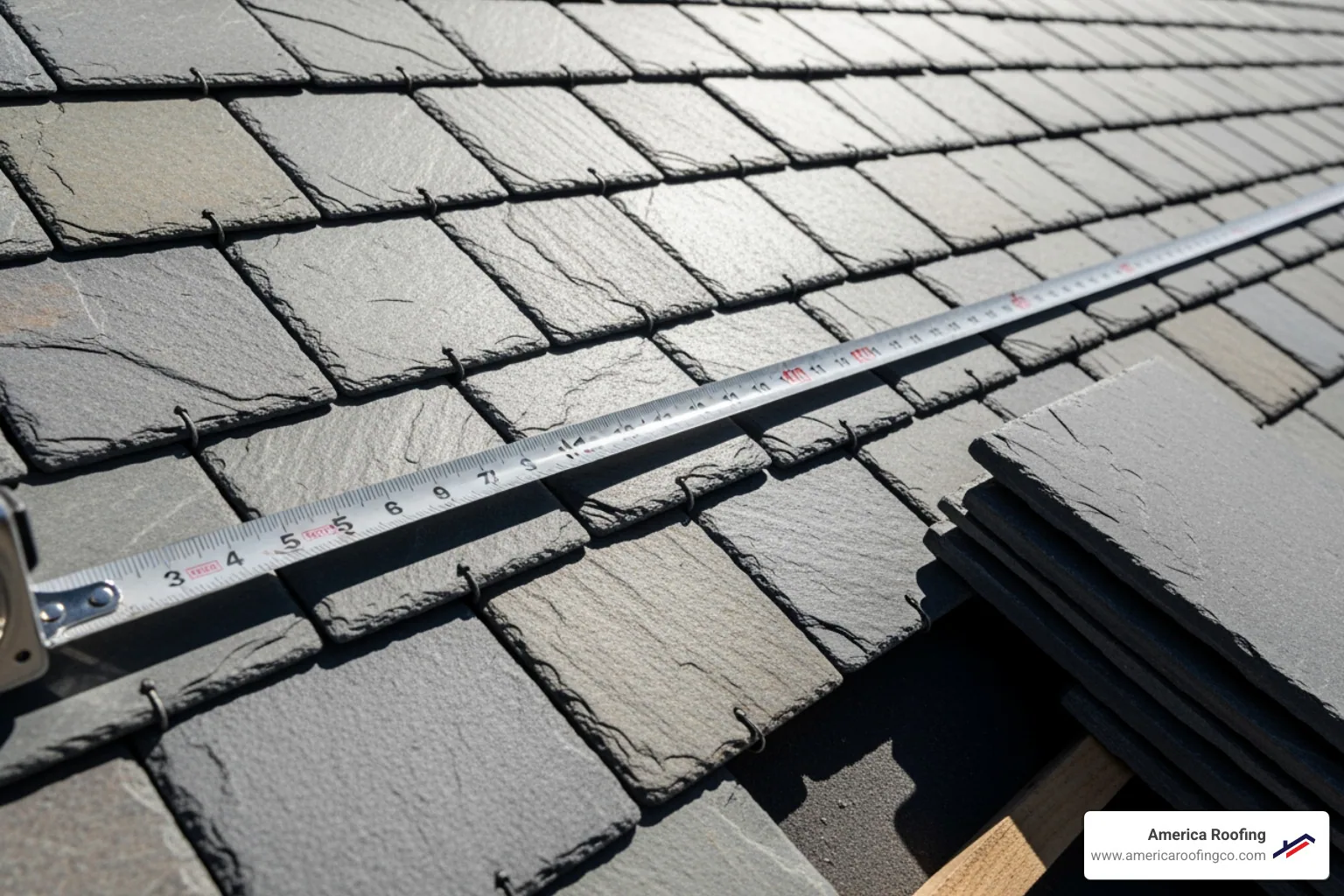 roofer measuring headlap on a slate tile installation - minimum roof pitch for slate tiles