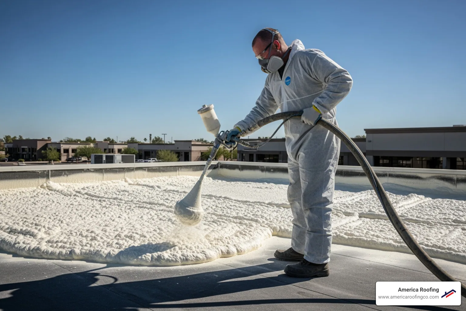 A roofing professional applying spray foam to a flat roof surface, showing the liquid expanding into foam - foam roofs in arizona
