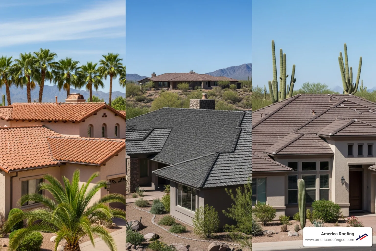 A side-by-side comparison showing three different styles of stone coated steel roofing: Mediterranean-style barrel vault tile, rustic cedar-look shake, and traditional architectural shingle, all installed on Arizona homes to showcase aesthetic versatility - stone coated steel roofing contractors near me