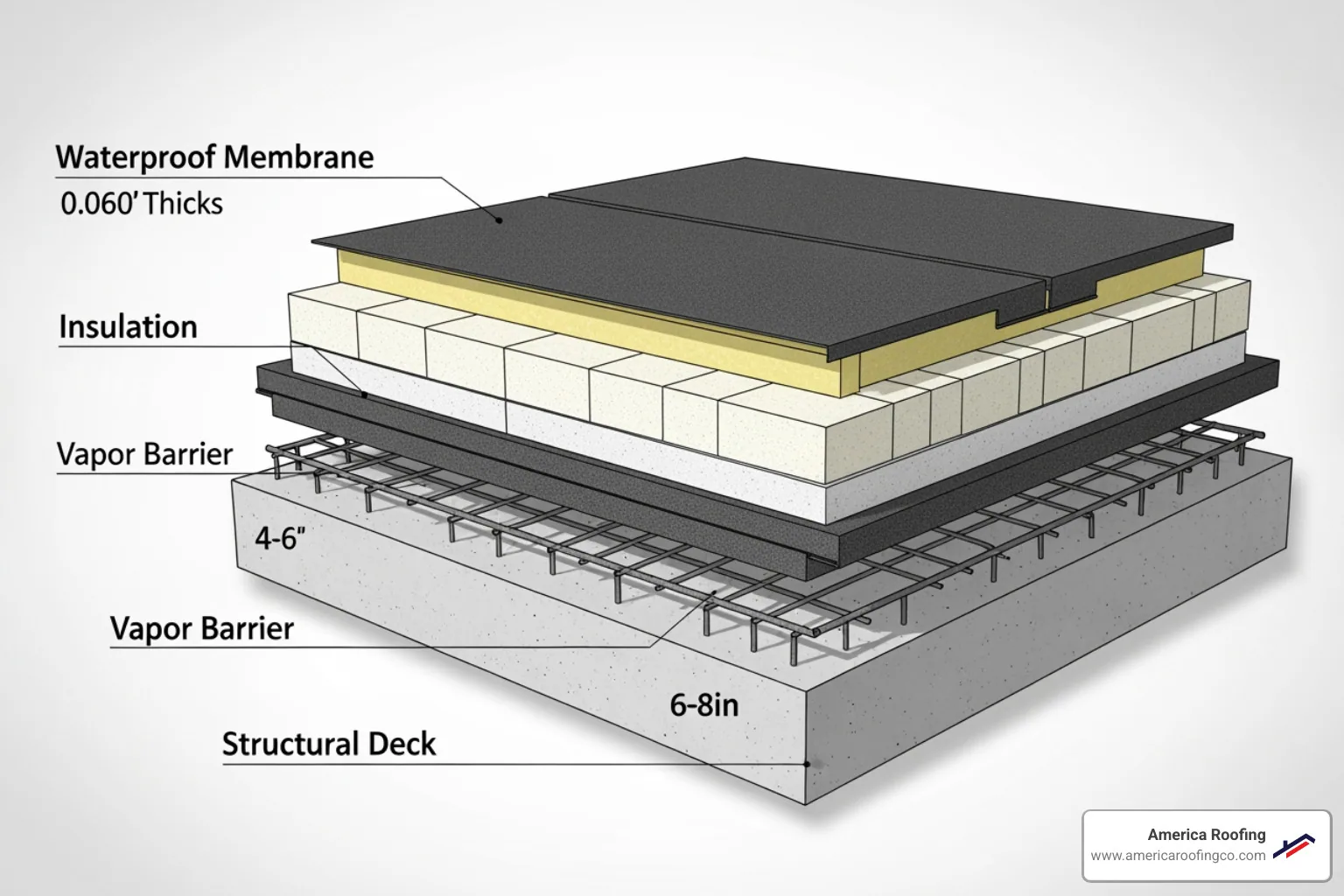 Diagram showing the different layers of a typical flat roof system (deck, vapor barrier, insulation, membrane). - Commercial flat roof installation