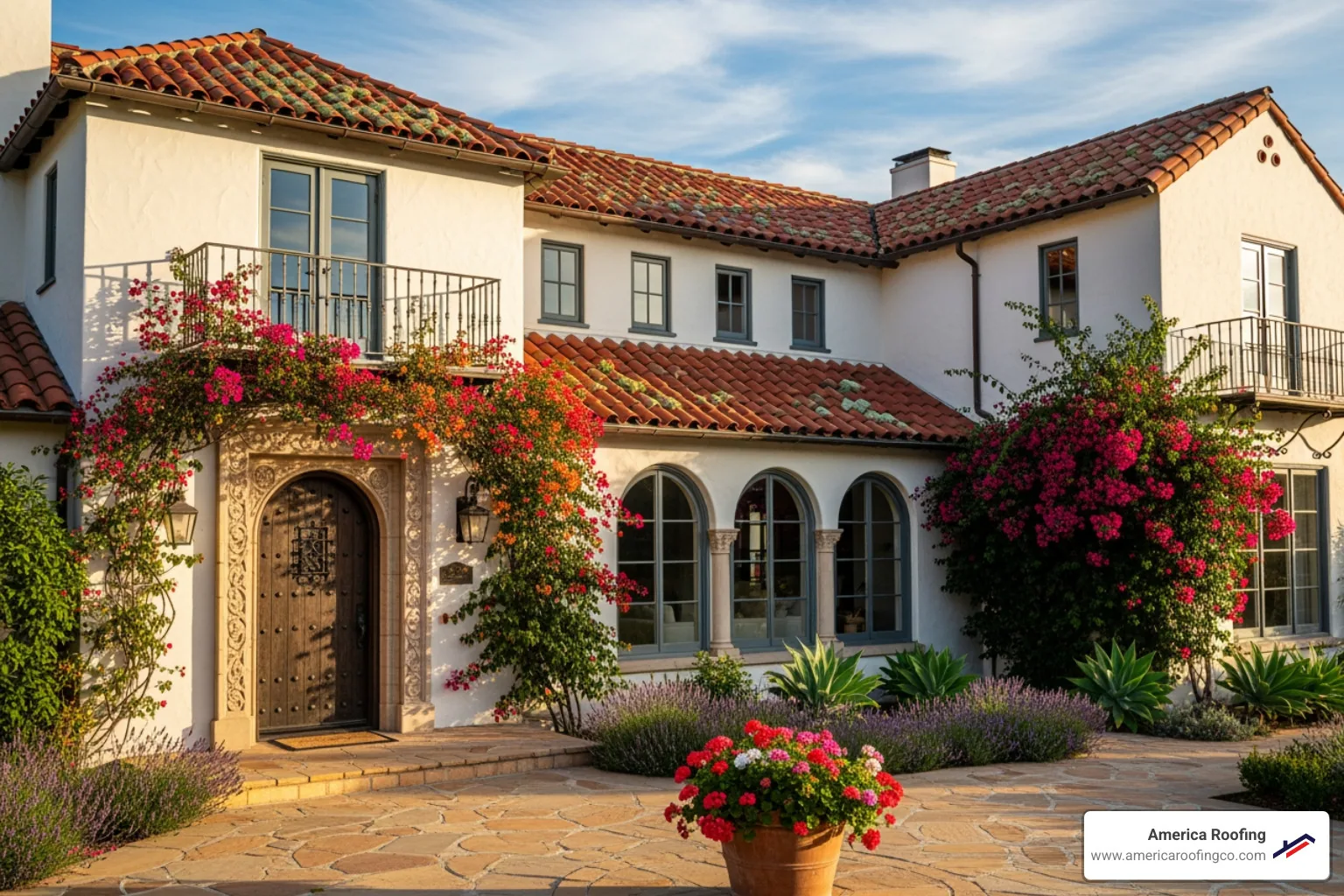classic Spanish-style home with red clay barrel tiles - roofing tiles