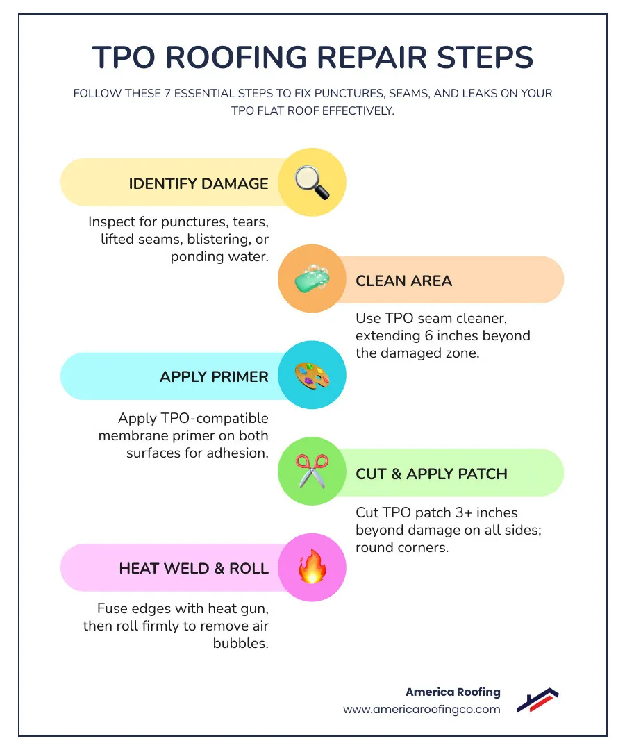 TPO roofing repair steps infographic: identify damage, clean, prime, patch, heat weld, roll, test - tpo roofing repair