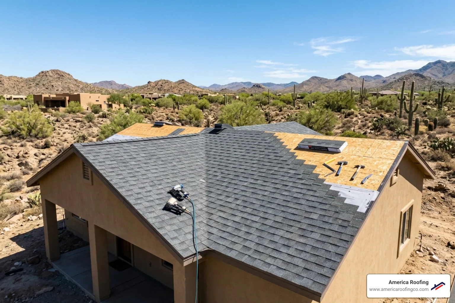 shingle installation cost in Arizona desert climate showing modern asphalt shingles - shingle installation cost