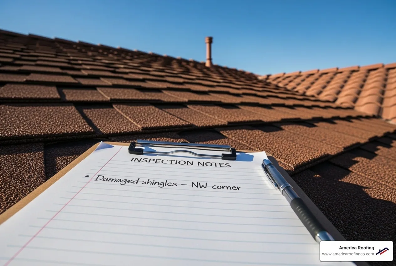 City inspector examining roof with a clipboard - Mesa roof replacement