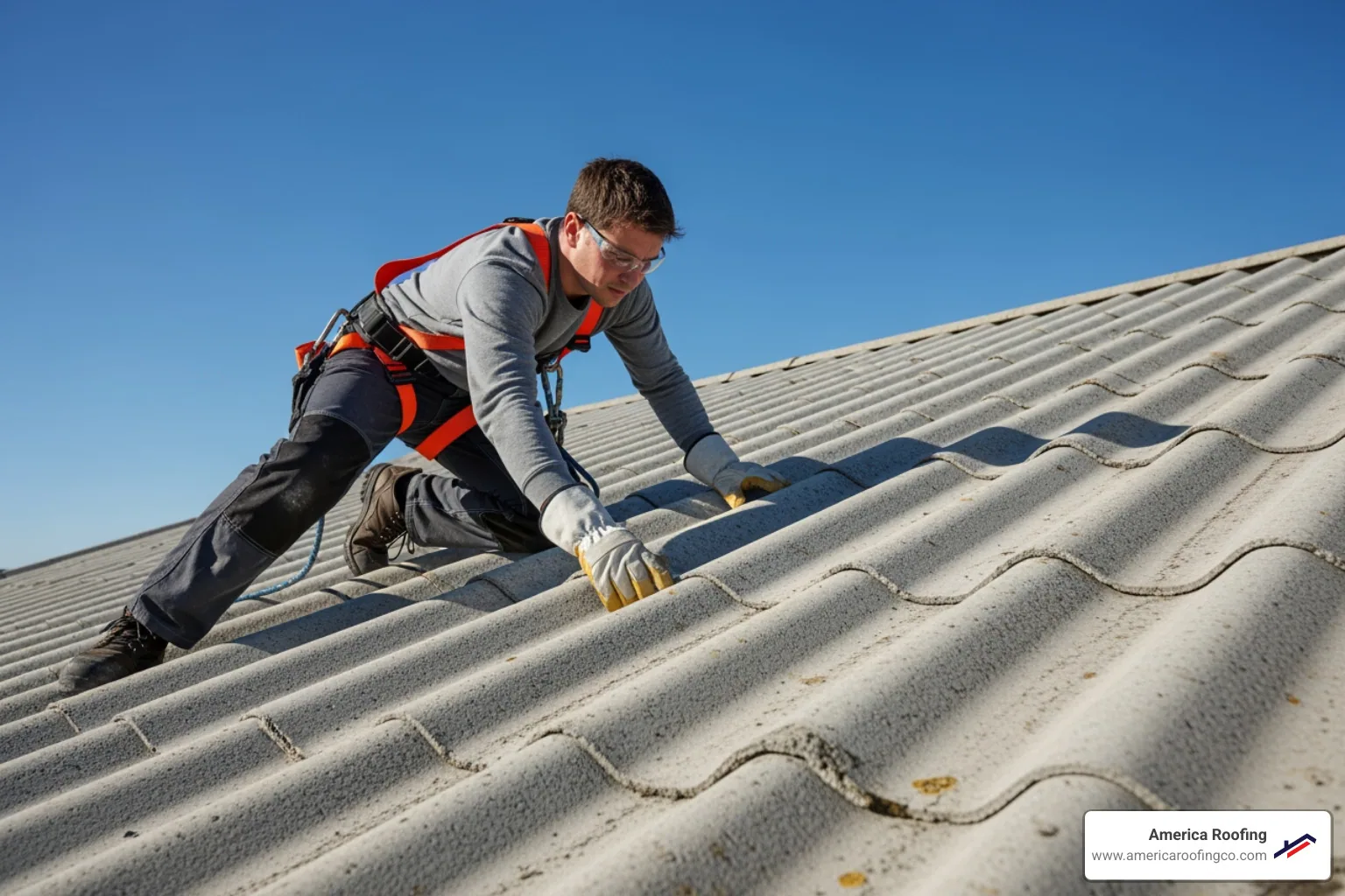 person safely on a roof, wearing gloves and inspecting a cement sheet - cement sheet leakage solution