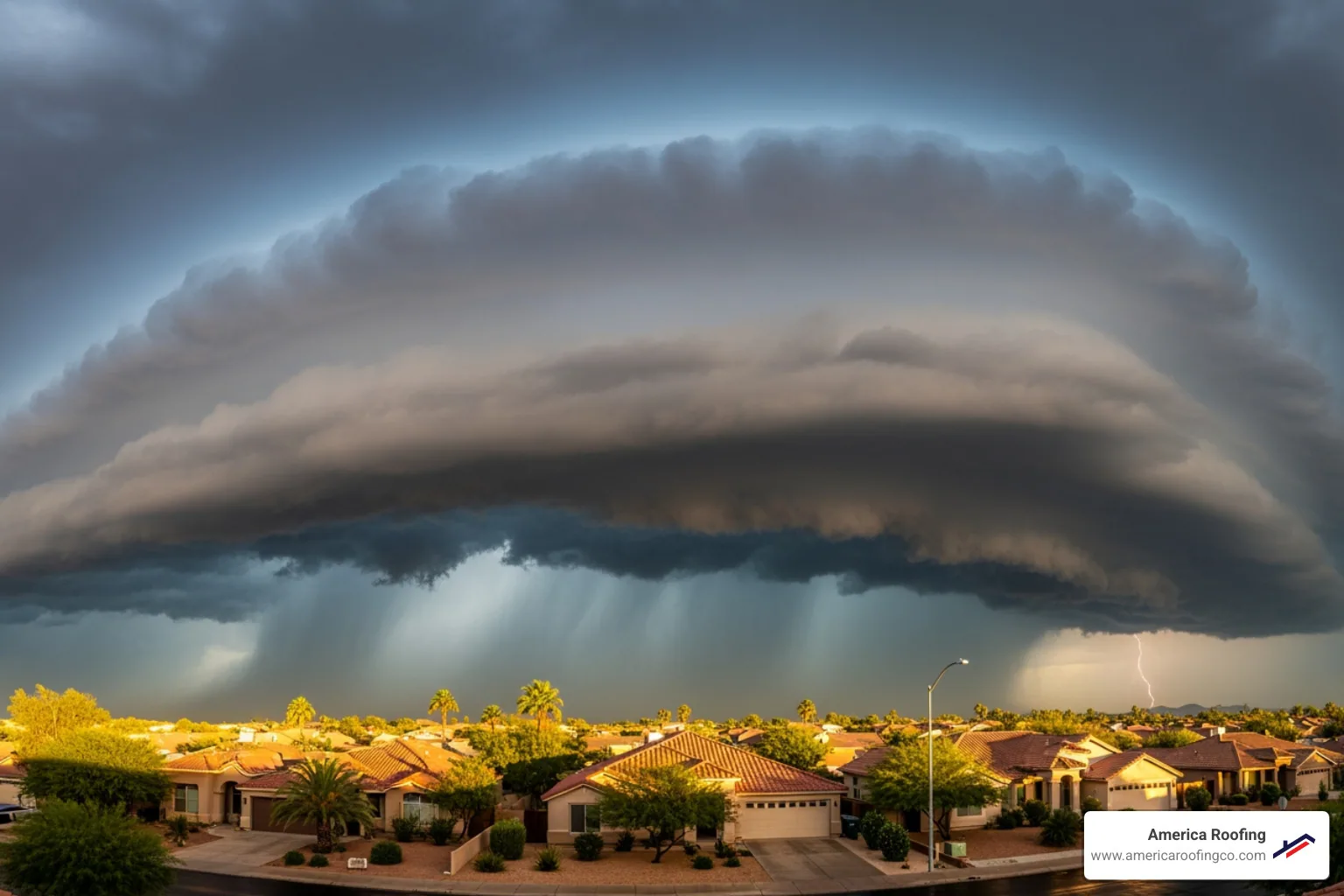 dramatic monsoon cloud formation over a Phoenix neighborhood - how long do tile roofs last in phoenix