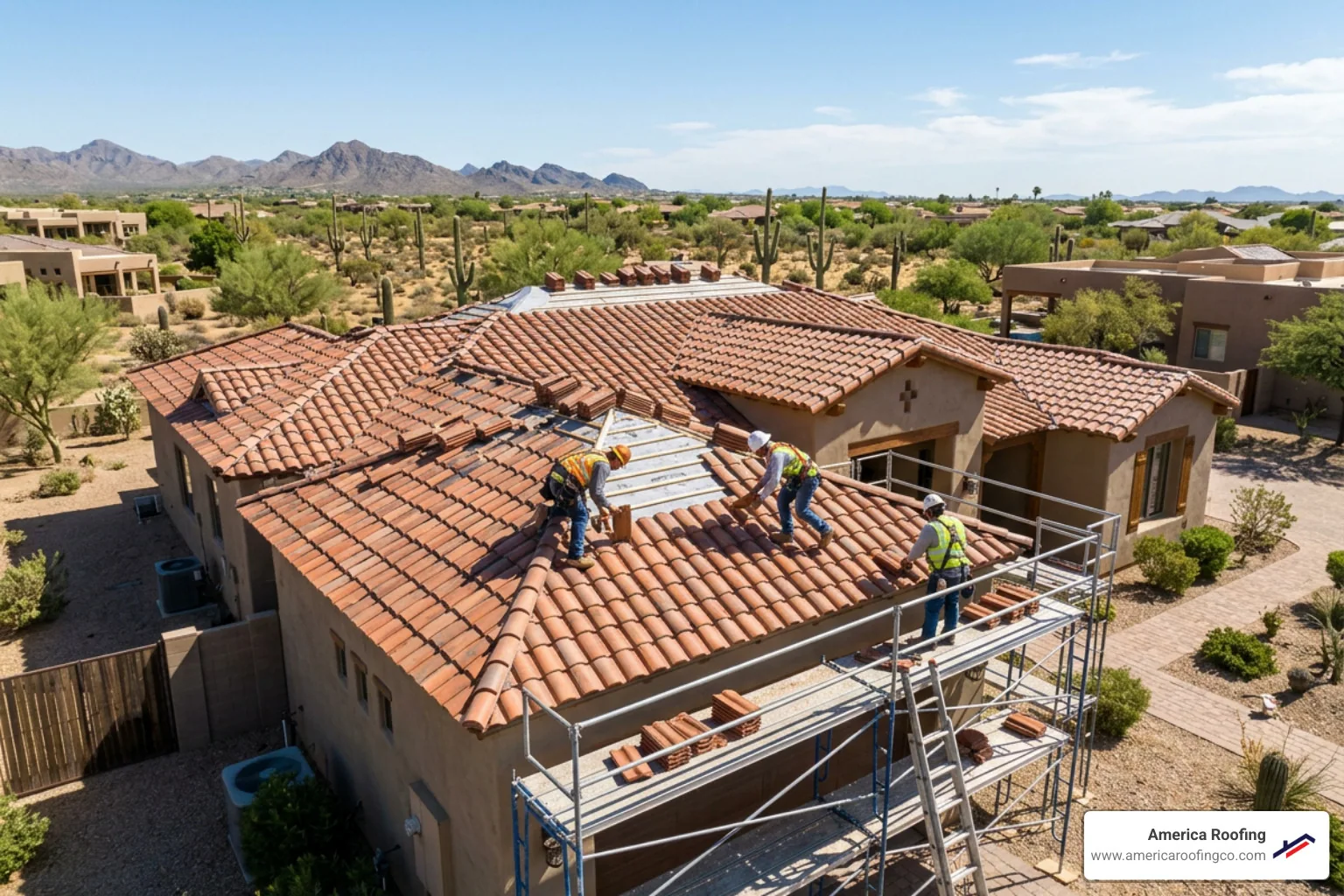 Professional roofing crew installing a durable tile roof system in Chandler, Arizona