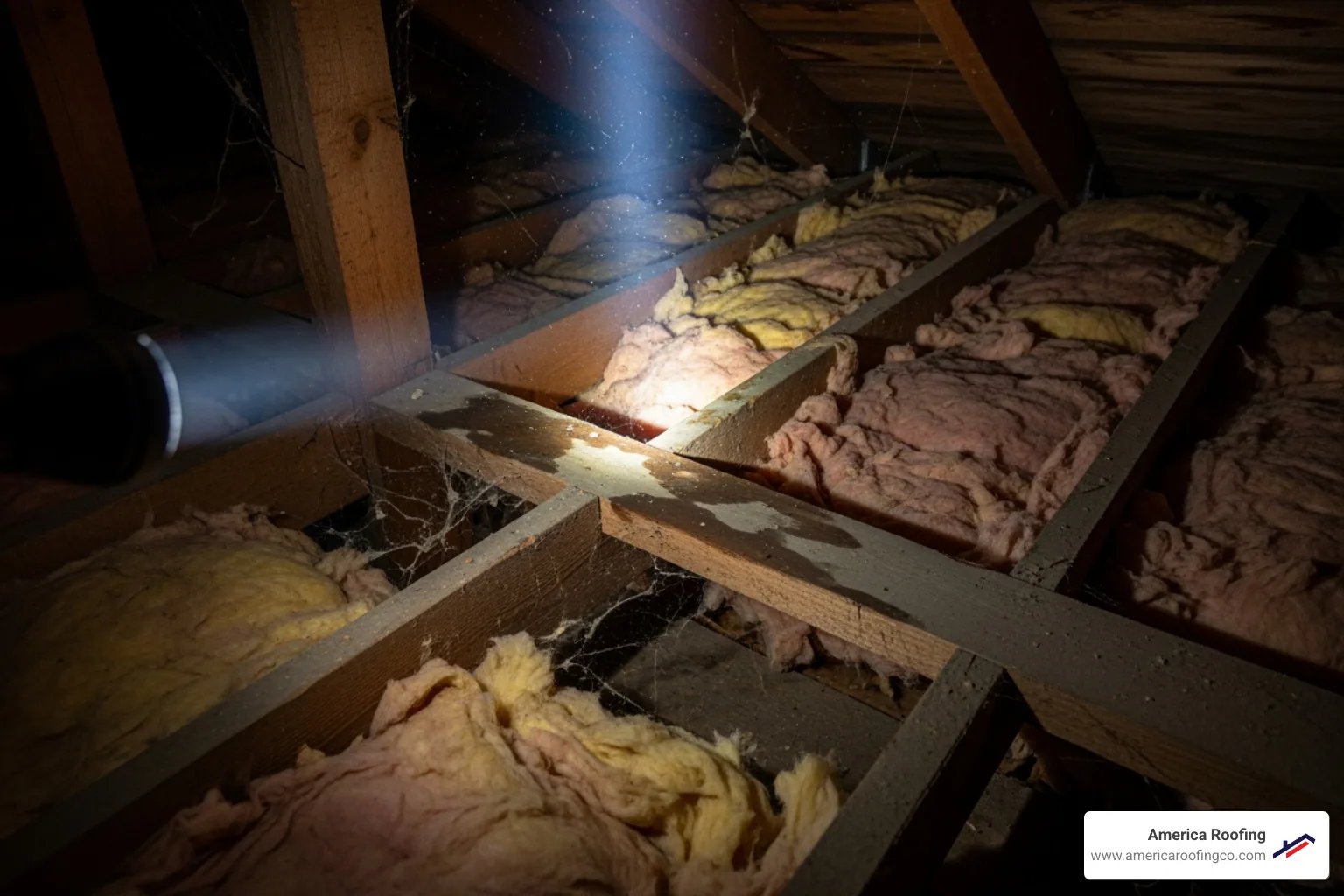 A roofer carefully inspecting an attic space for signs of leaks or water damage, utilizing a flashlight to illuminate hidden areas. - roof inspection phoenix