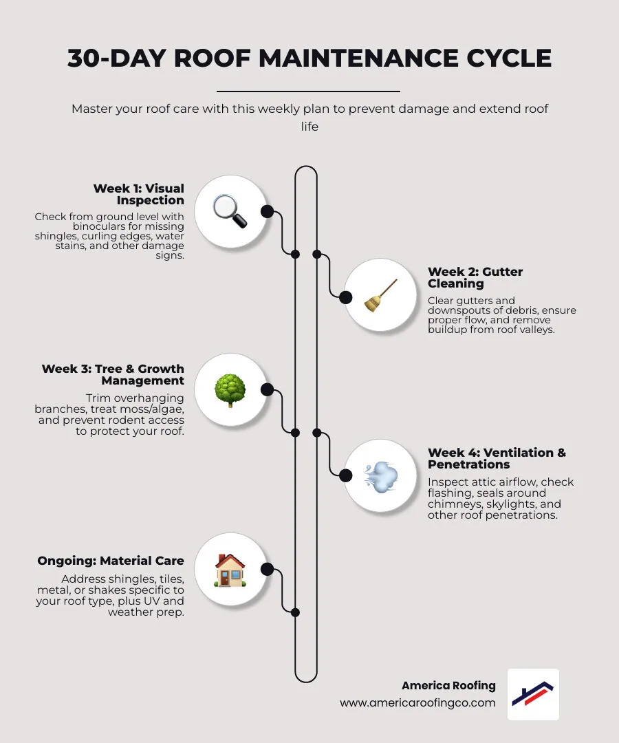 30-day roof maintenance cycle infographic showing four weekly phases: Week 1 visual inspection checklist with ground-level checks and damage signs, Week 2 gutter cleaning and debris removal steps, Week 3 tree trimming and moss algae treatment, Week 4 attic ventilation and flashing inspection, with Arizona desert climate backdrop and sun/monsoon weather icons - roof maintenance infographic infographic-line-5-steps-elegant_beige