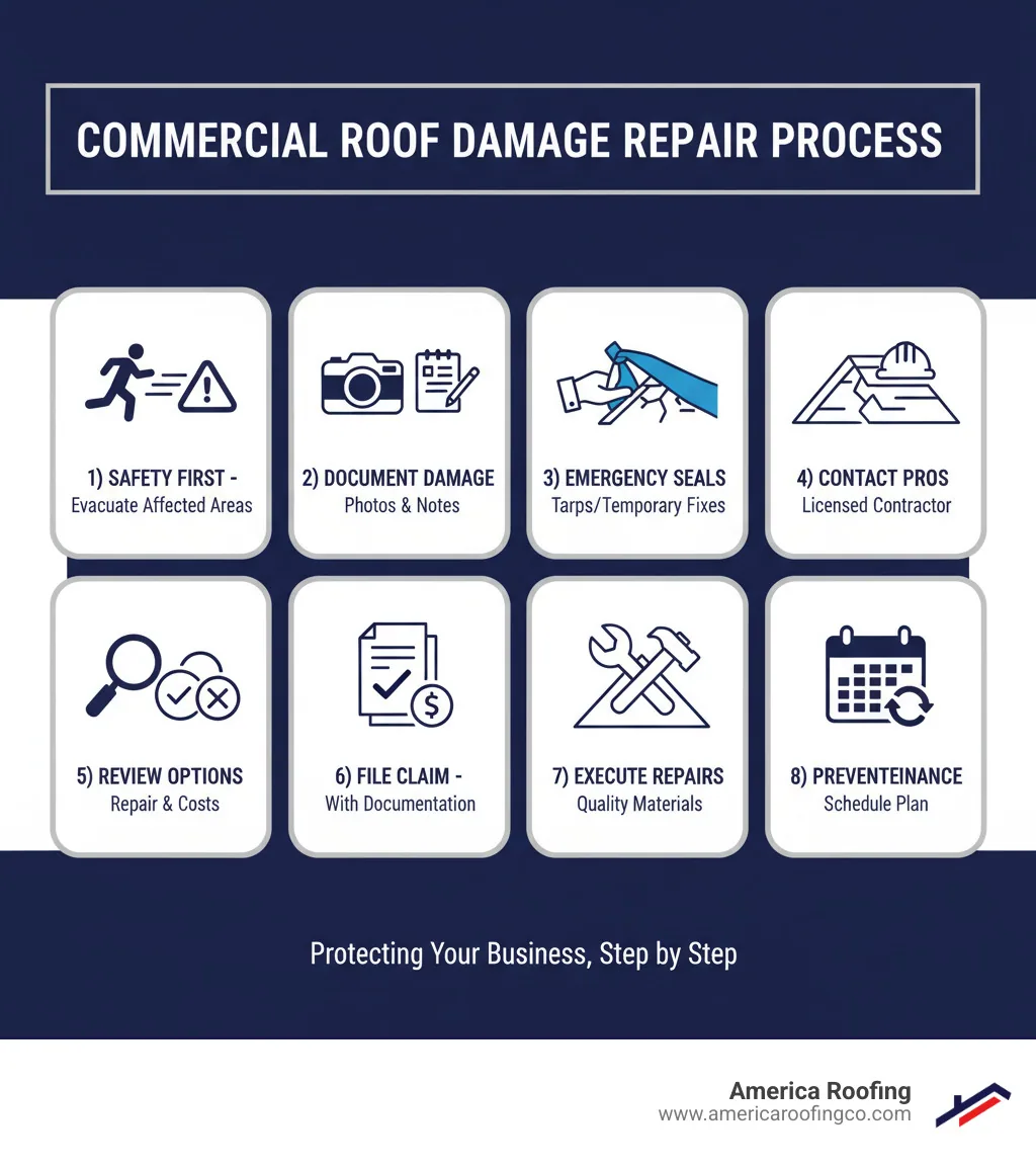 Infographic showing the commercial roof damage repair process: 1) Safety first - evacuate affected areas, 2) Document damage with photos and notes, 3) Apply emergency tarps or temporary seals, 4) Contact licensed contractor for inspection, 5) Review repair options and costs, 6) File insurance claim with documentation, 7) Execute repairs with quality materials, 8) Schedule preventative maintenance plan - Commercial roof damage repair infographic