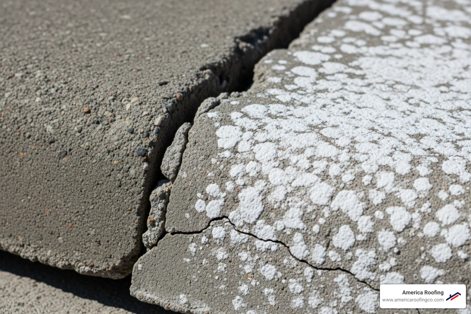 close-up on a cracked concrete tile next to a tile showing white, chalky efflorescence - concrete tile roof repair