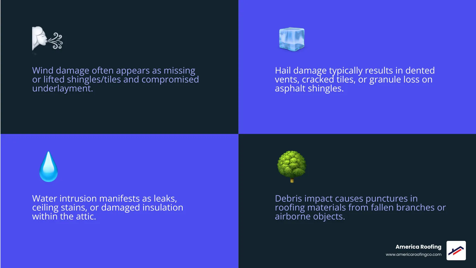 Infographic showing the four main types of Phoenix roof storm damage: Wind damage with lifted tiles and missing shingles, Hail damage with impact craters and dented metal, Water intrusion with ceiling stains and compromised underlayment, and Debris impact with punctured roofing materials - roof storm damage repair phoenix infographic 4_facts_emoji_blue