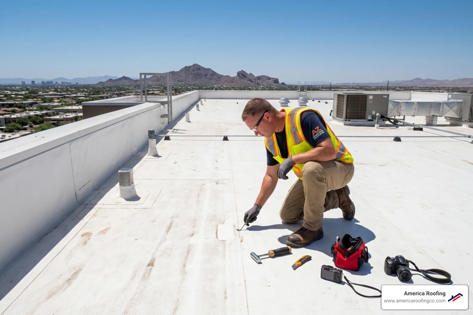 technician inspecting white TPO membrane for punctures in Arizona sun - tpo roofing repair