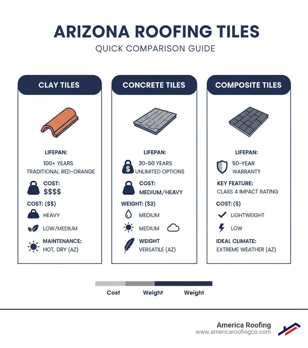 Infographic comparing the three main types of roofing tiles: clay tiles with 100+ year lifespan and traditional red-orange colors, concrete tiles with 30-50 year lifespan and unlimited color options, and composite tiles with 50-year warranties and Class 4 impact ratings, showing their relative costs, weights, maintenance needs, and ideal climate suitability for Arizona - roofing tiles infographic