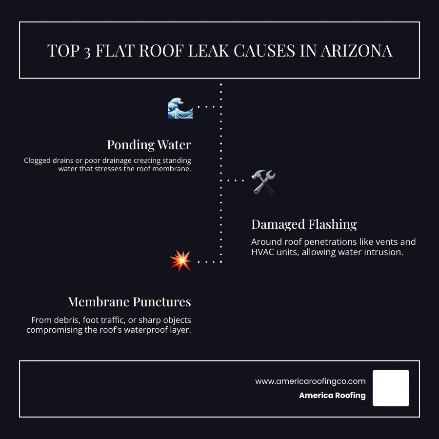 Infographic showing the top 3 causes of flat roof leaks in Arizona: Ponding Water from clogged drains or poor drainage, Damaged Flashing around roof penetrations like vents and HVAC units, and Membrane Punctures from debris or foot traffic, with icons representing each cause and brief explanations - leaking flat roof quick fix infographic infographic-line-3-steps-dark