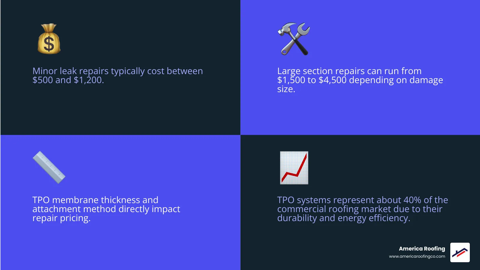 TPO roof repair cost breakdown infographic with price ranges by repair type and size infographic