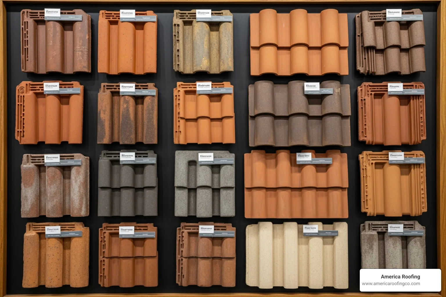 Various clay tile styles and colors on a display board - Clay tile roof Phoenix