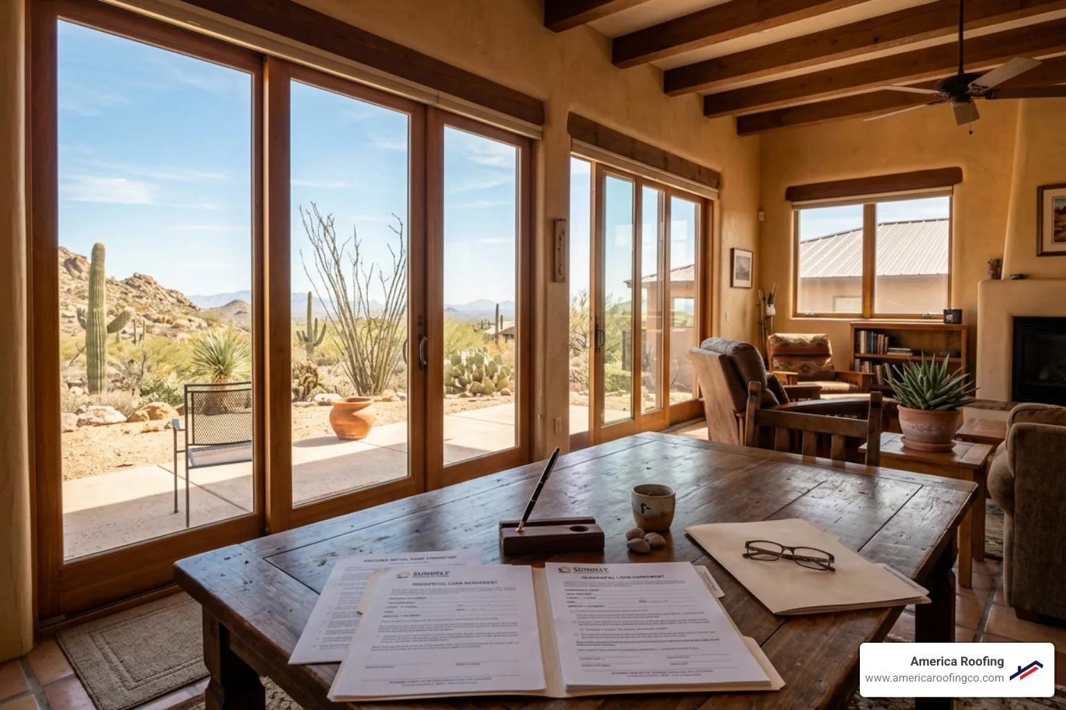 Homeowner in Arizona home reviewing metal roof financing documents and loan terms - metal roof financing