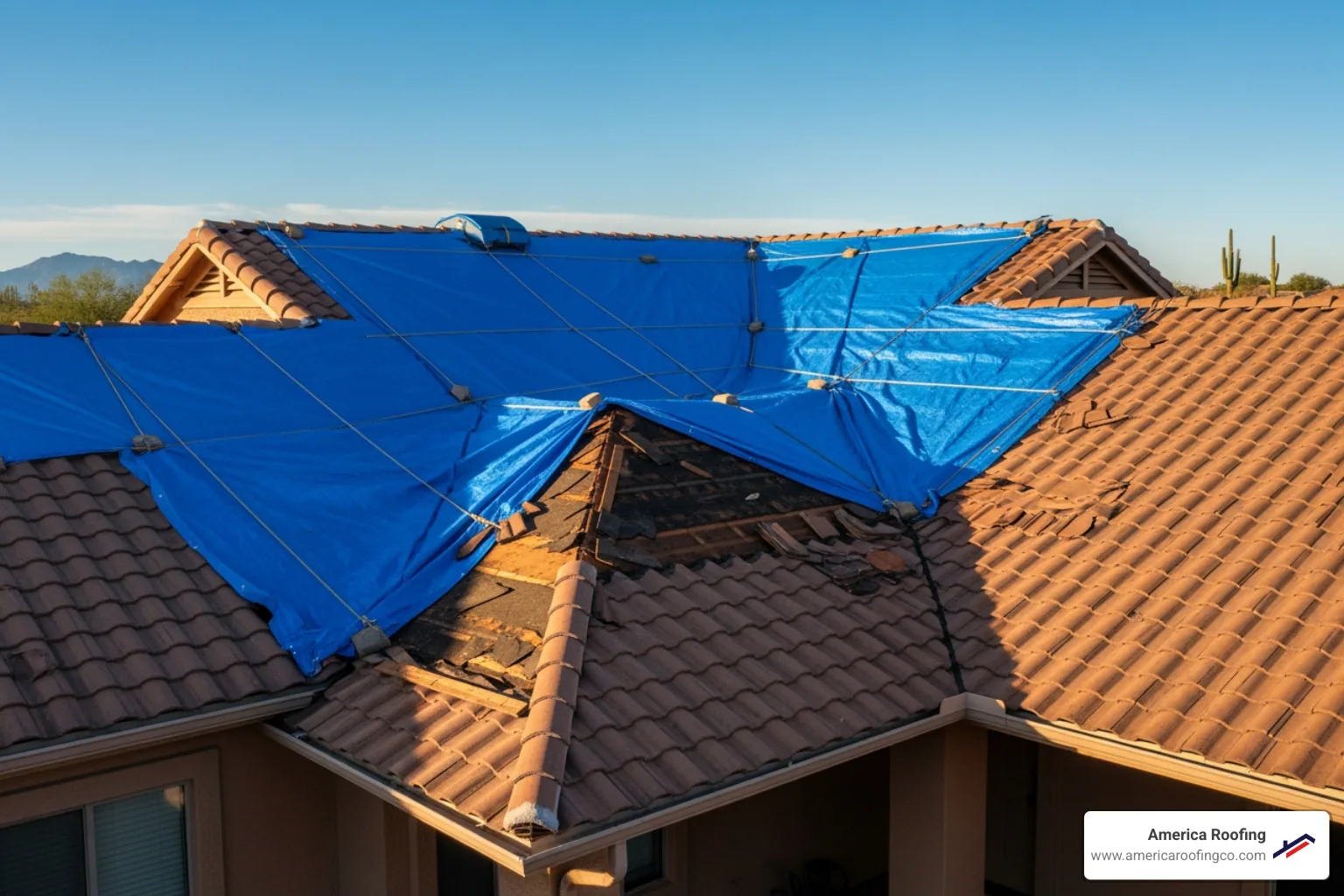 professional roofer safely applying an emergency tarp to a damaged roof section under Arizona's clear sky - emergency roof repair phoenix