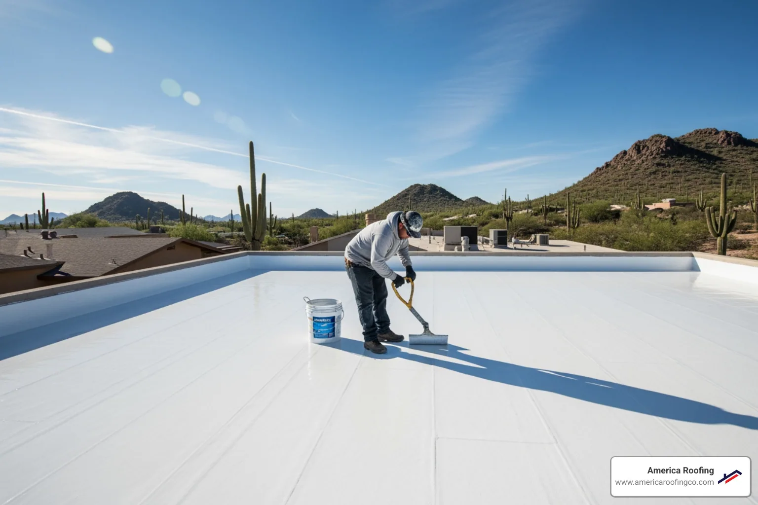 professional applying white reflective roof coating to flat roofs in arizona - flat roofs in arizona