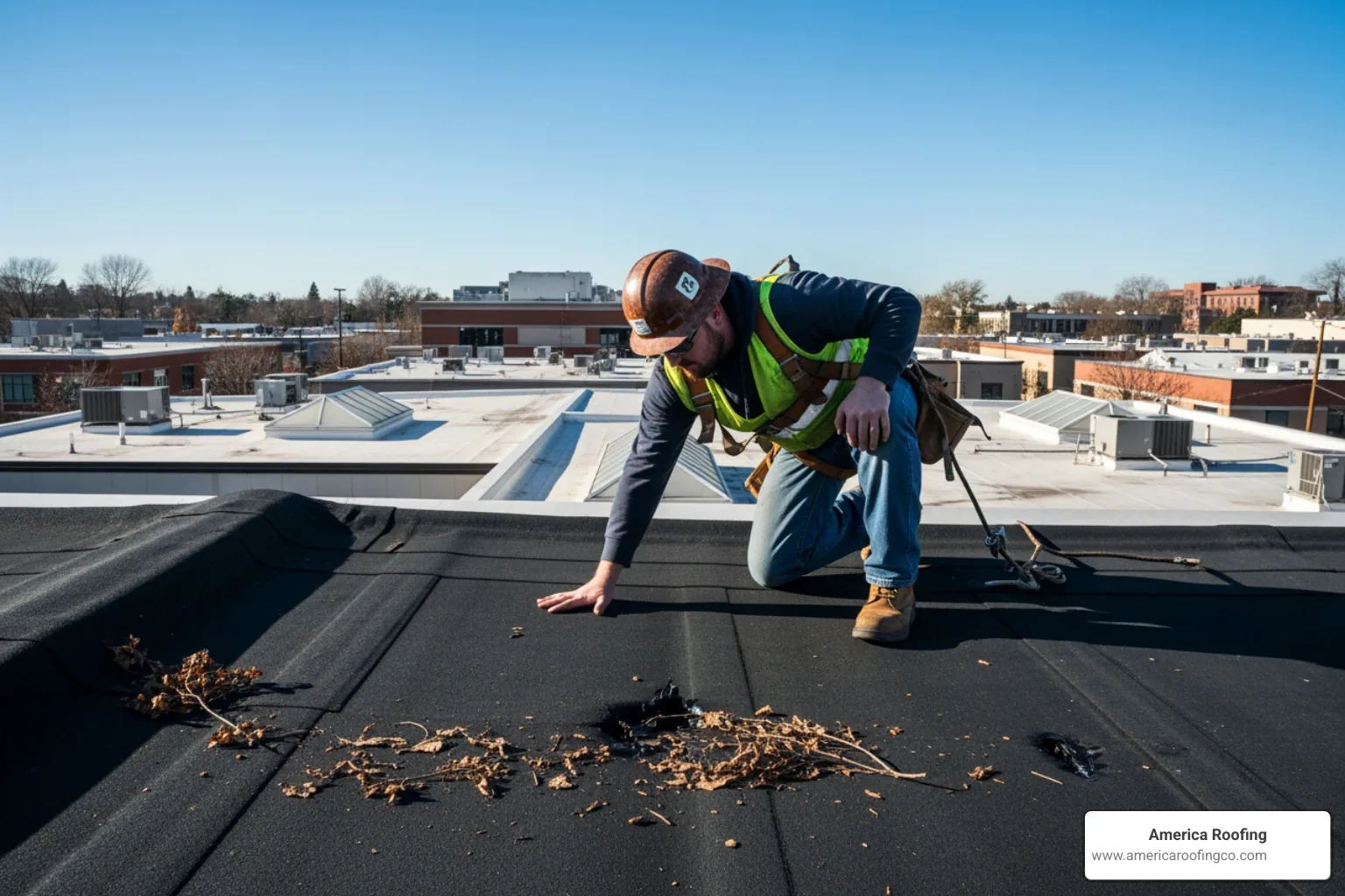 Roofer conducting a routine inspection on a commercial flat roof, checking for debris and damage - EPDM roof repair Phoenix