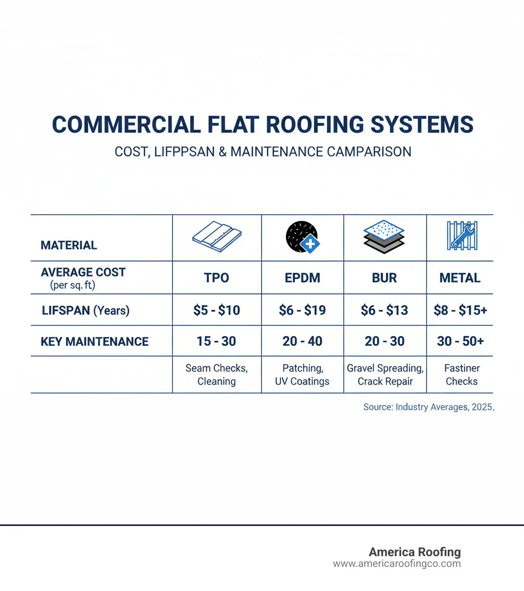 Table comparing the average cost, lifespan, and key maintenance needs of TPO, EPDM, BUR, and Metal roofing systems. - Commercial flat roof installation infographic