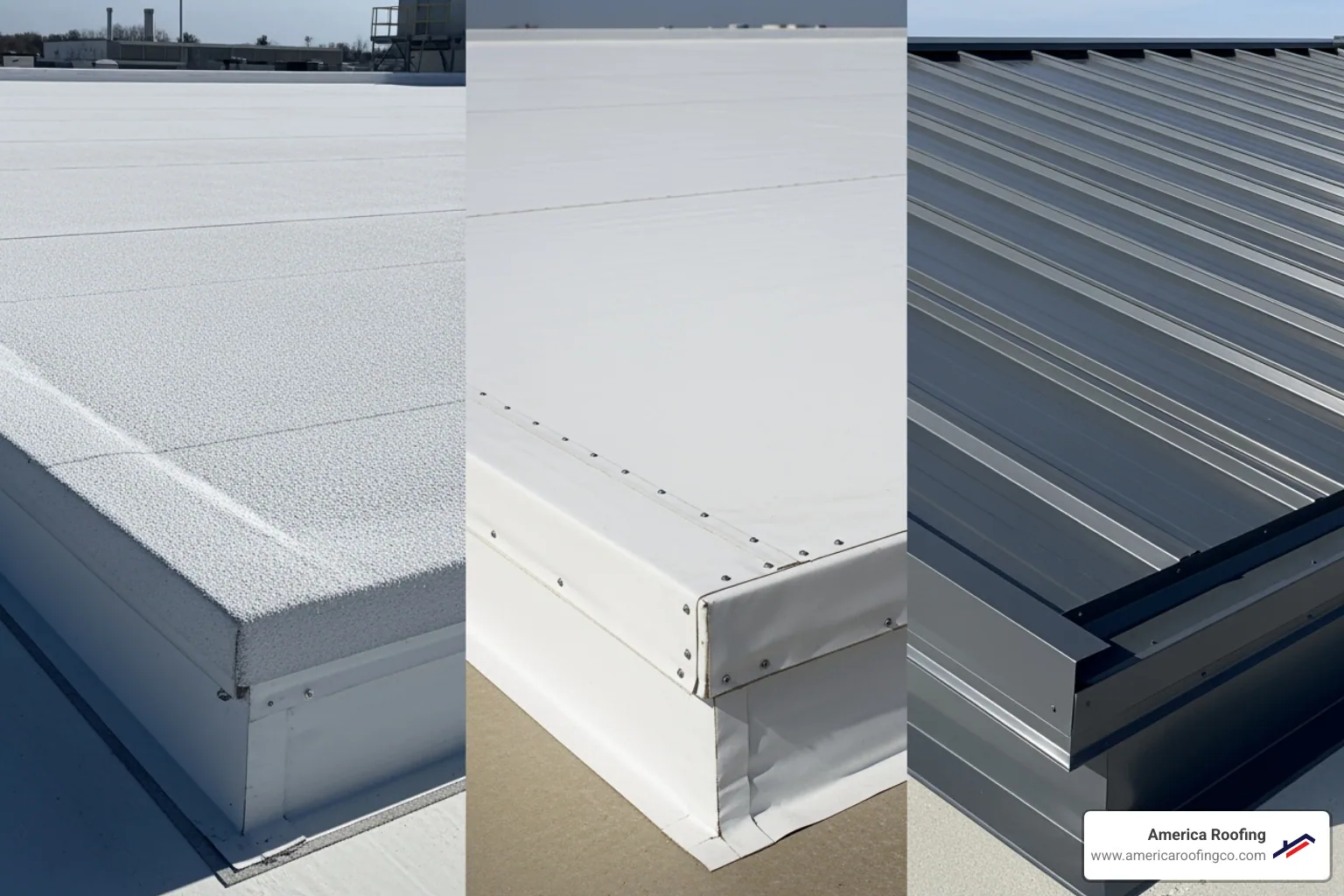 side-by-side comparison of different roofing materials like SPF, TPO, and Metal - arizona commercial roofing