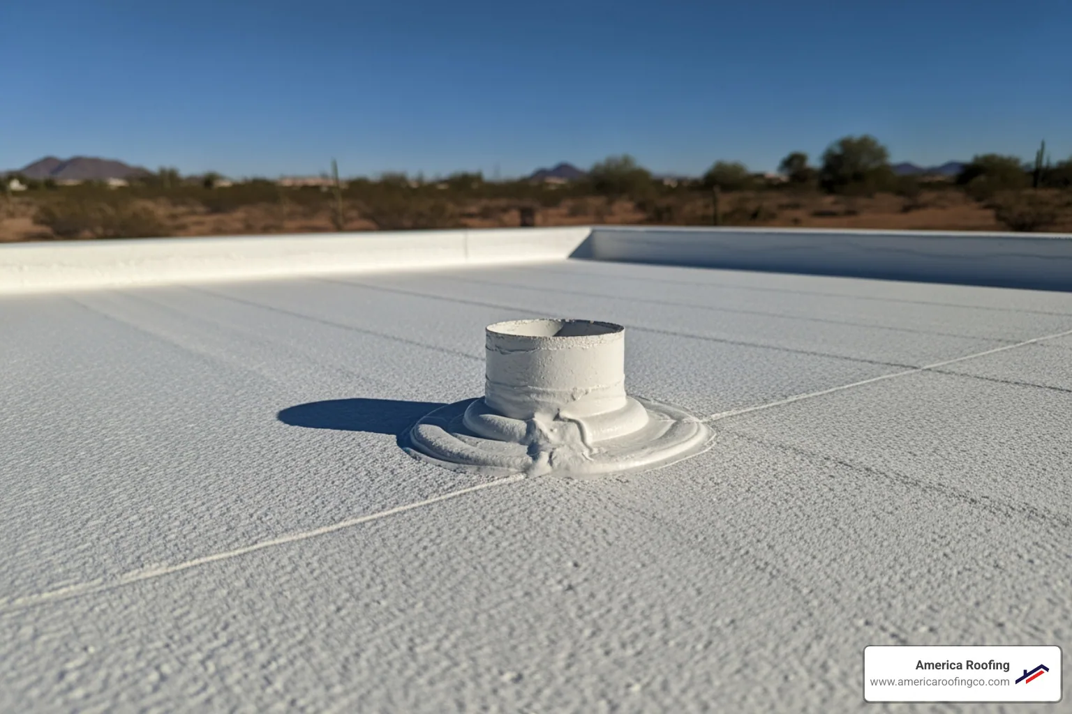 roofer applying sealant to a flat foam roof penetration in Arizona - flat foam roof repair in arizona