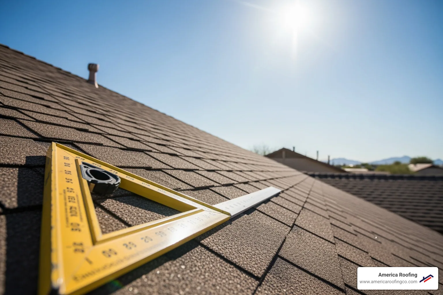 A roofing contractor using a framing square to measure the rise and run on a residential roof in the Arizona sun - pitched roof