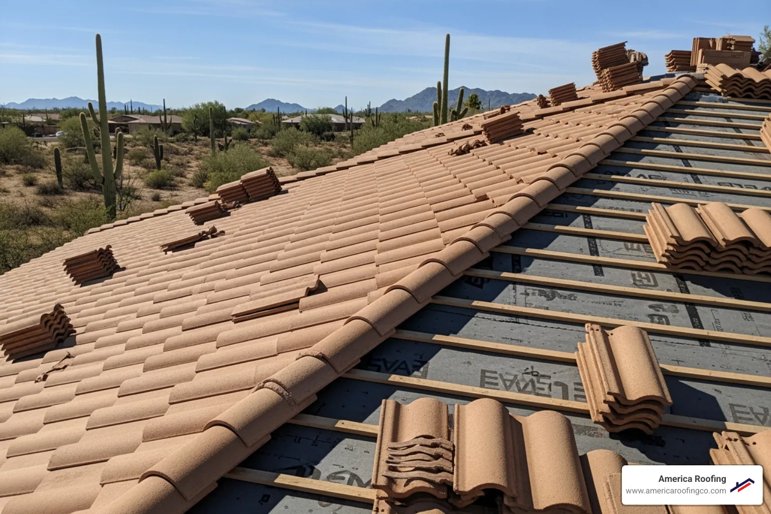 professional roofers installing concrete tiles on a Phoenix home - roof repair service