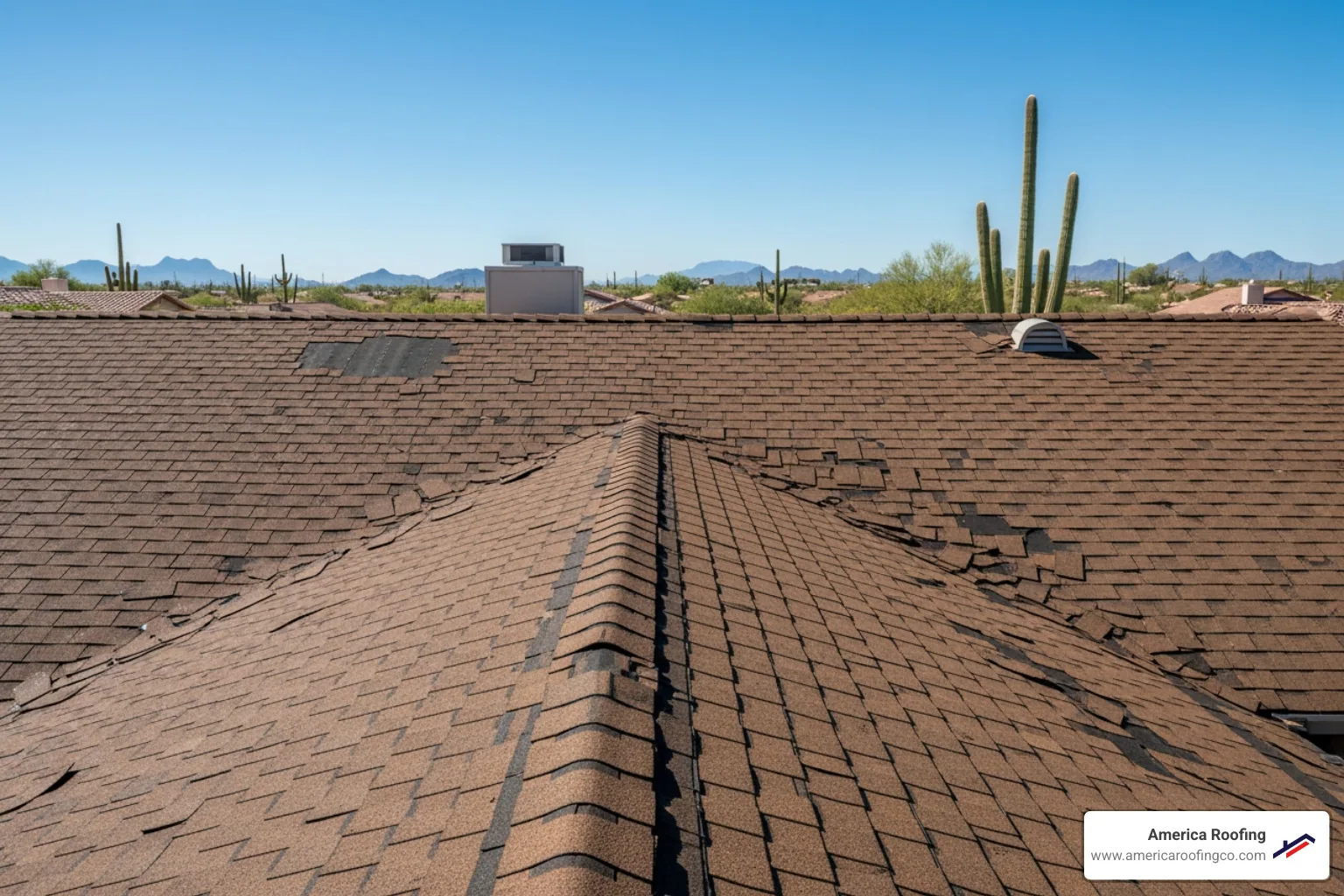 damaged Arizona roof with missing shingles under desert sun - roof repair service