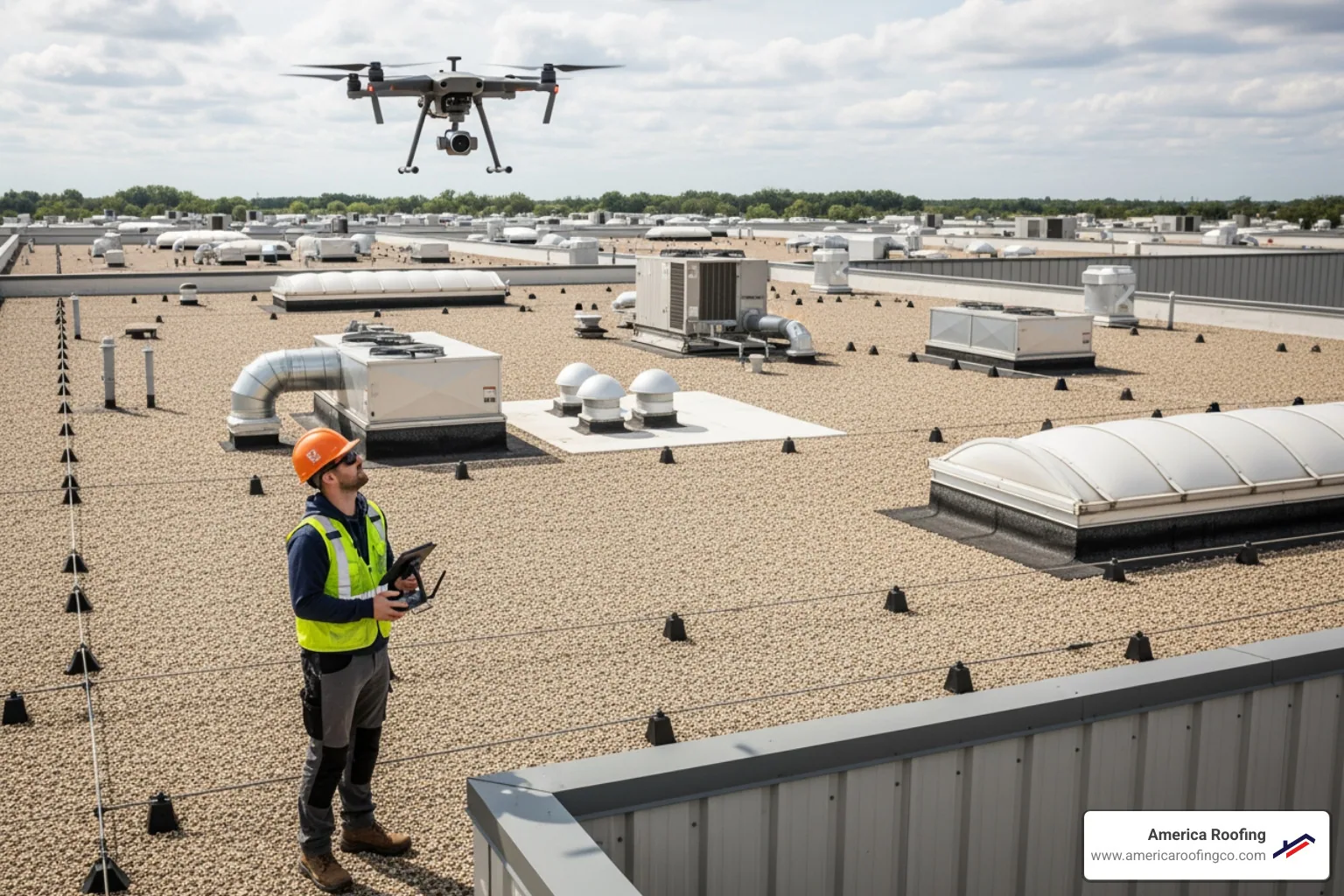 A roofing professional inspecting a commercial flat roof with a drone - Commercial roof damage repair