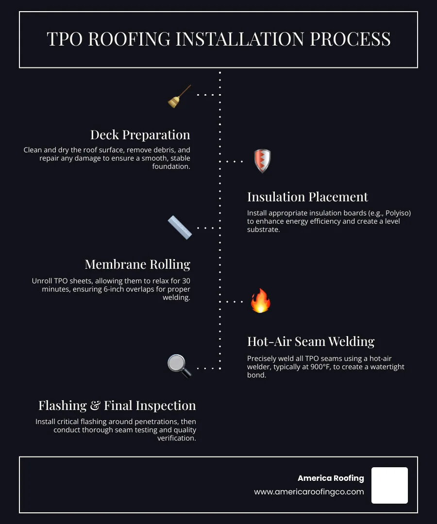 Infographic detailing the benefits of TPO roofing: high energy savings due to reflectivity, exceptional durability against punctures and tears, and eco-friendliness through recyclability, all under an Arizona sun - tpo roofing installation details infographic infographic-line-5-steps-dark