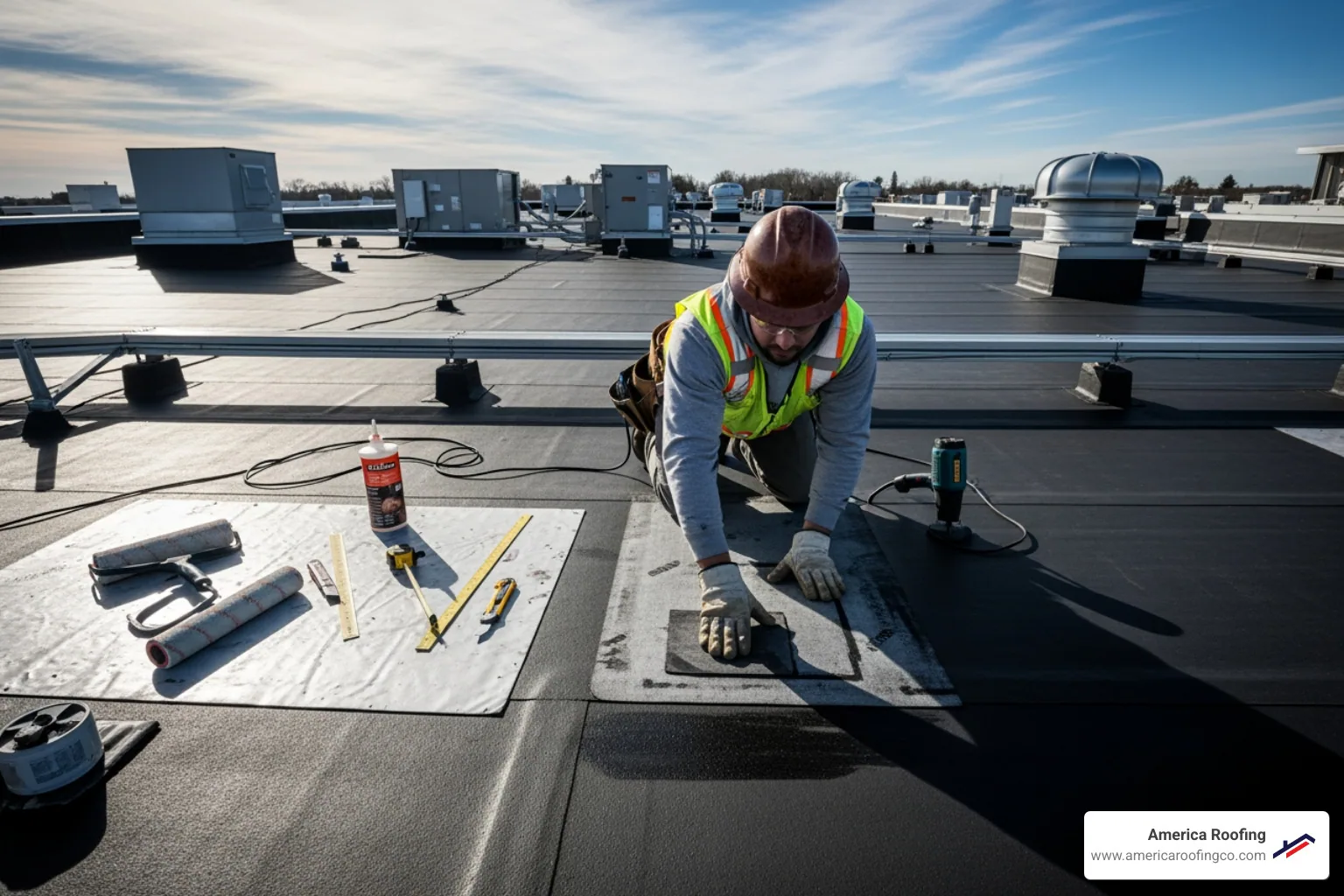 Professional roofer carefully applying a patch to an EPDM roof, wearing safety gear - EPDM roof repair Phoenix