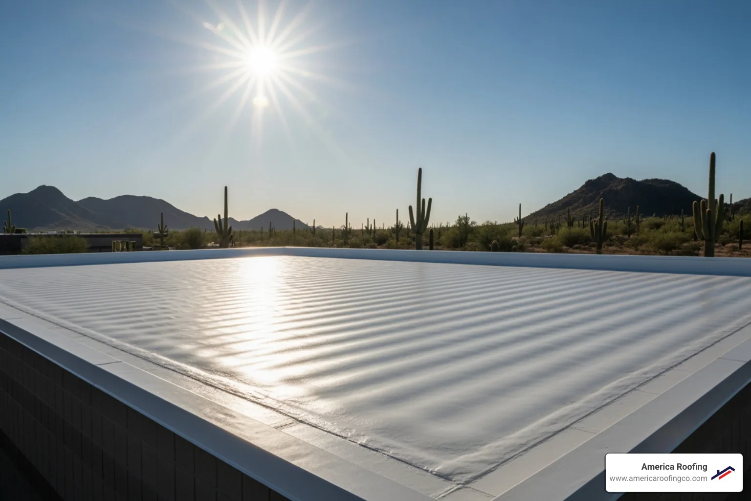 sun reflecting off a white cool roof surface in arizona - flat foam roofing companies arizona