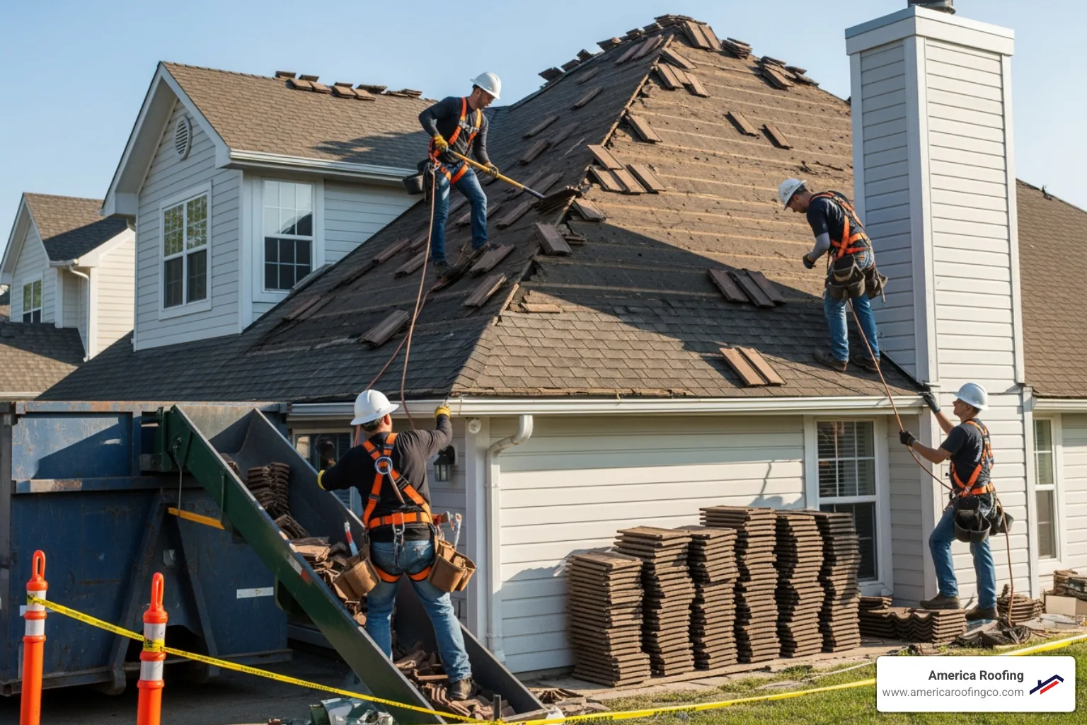 professional roofing crew safely removing old roof tiles - tile roof replacement