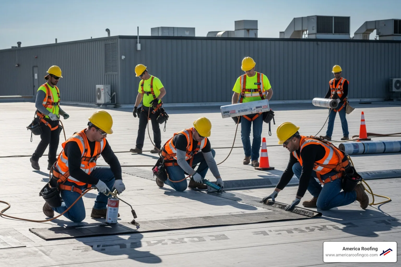 A professional roofing crew working safely on a large commercial building, wearing harnesses and hard hats, demonstrating adherence to safety protocols. - Commercial roof repair solutions