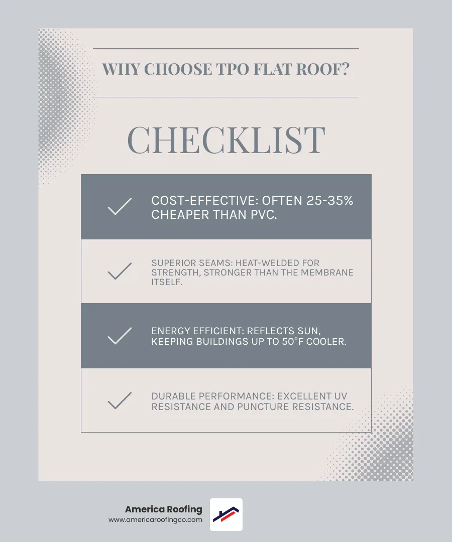 Table comparing TPO, EPDM, and PVC roofing systems on key factors like cost, seam strength, and UV resistance - tpo flat roof infographic checklist-light-blue-grey