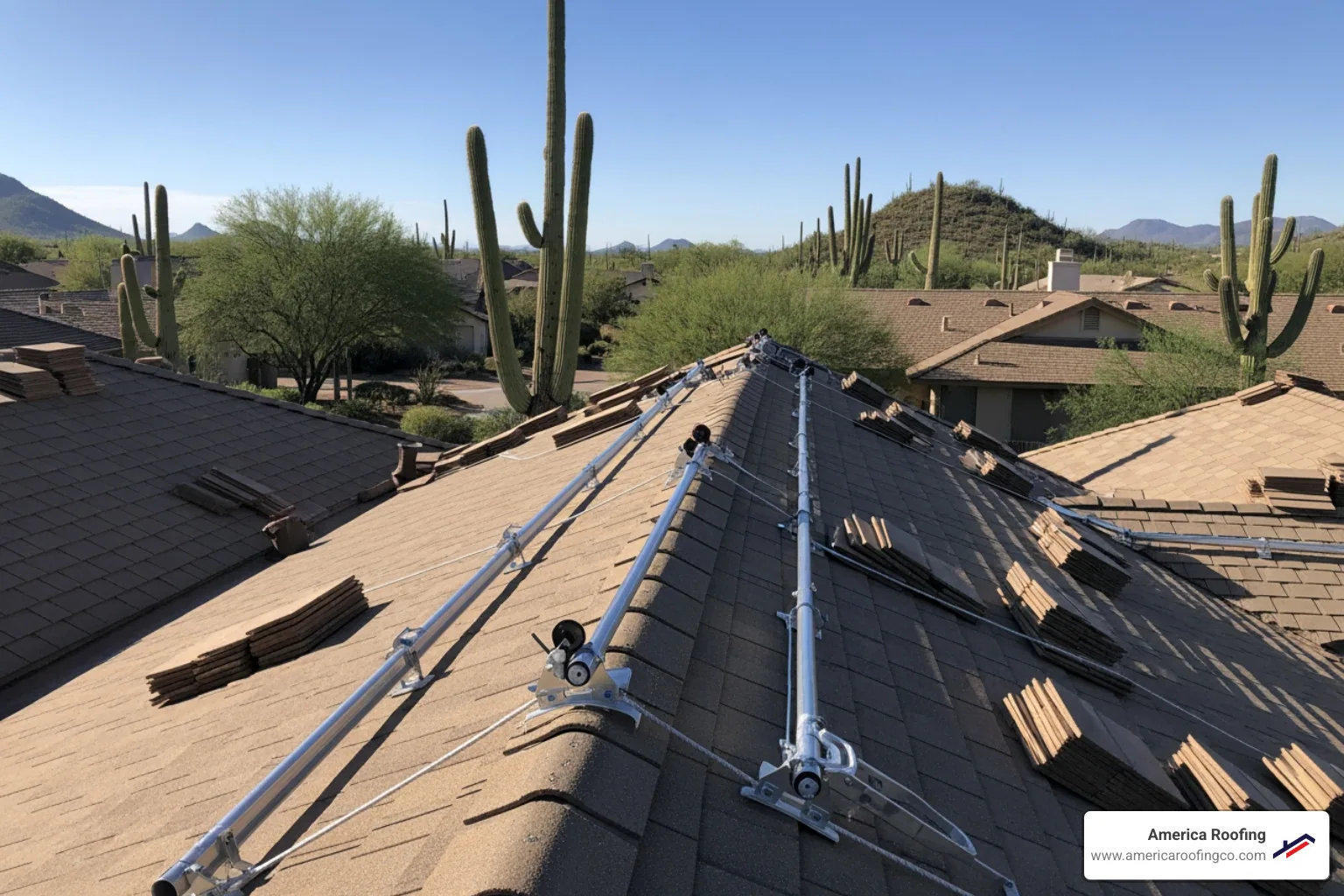 professional roofing team safely working on a residential roof - Chandler roofing services