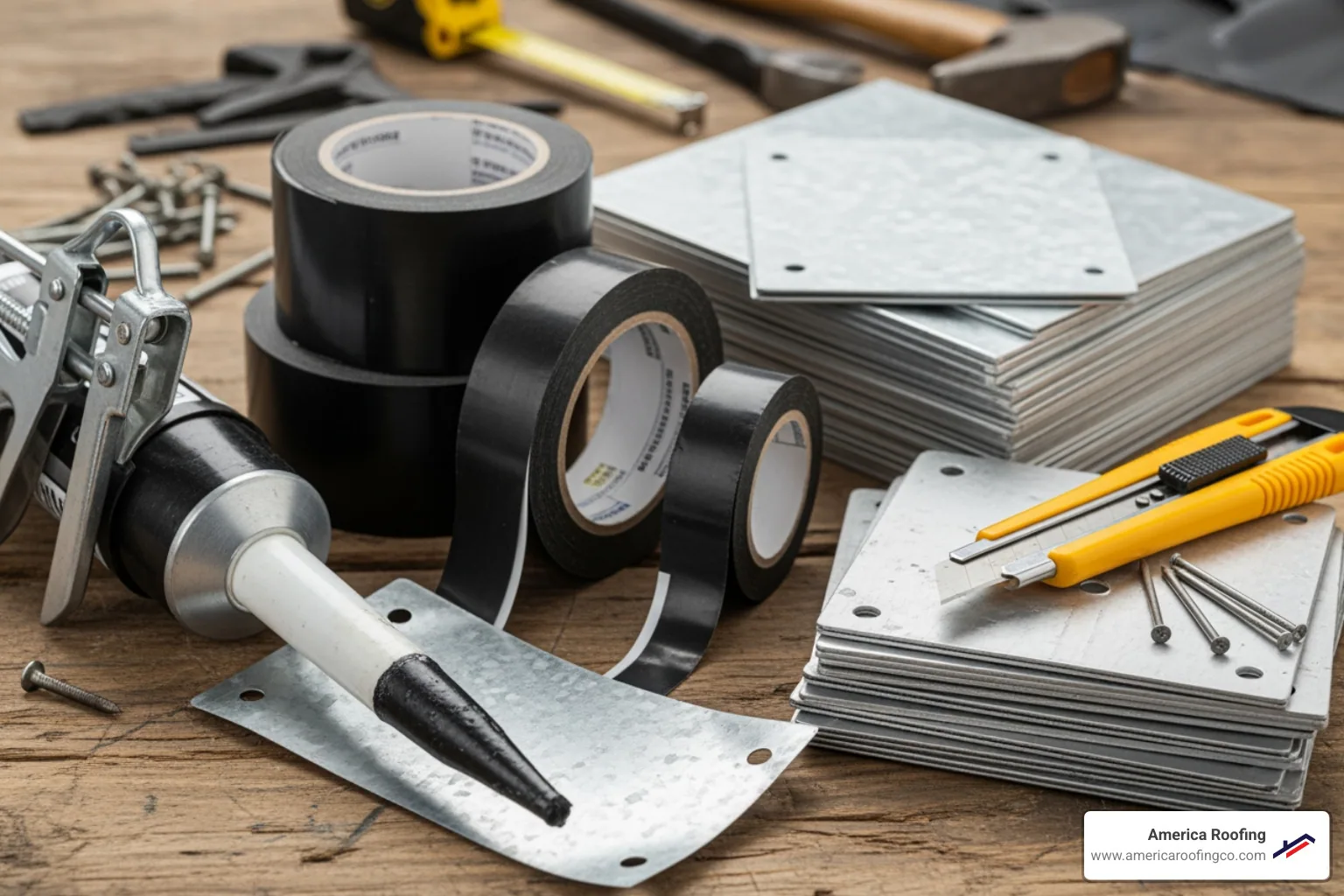 various roof repair materials like sealant guns, butyl tape, and metal patches - iron sheet leakage solution