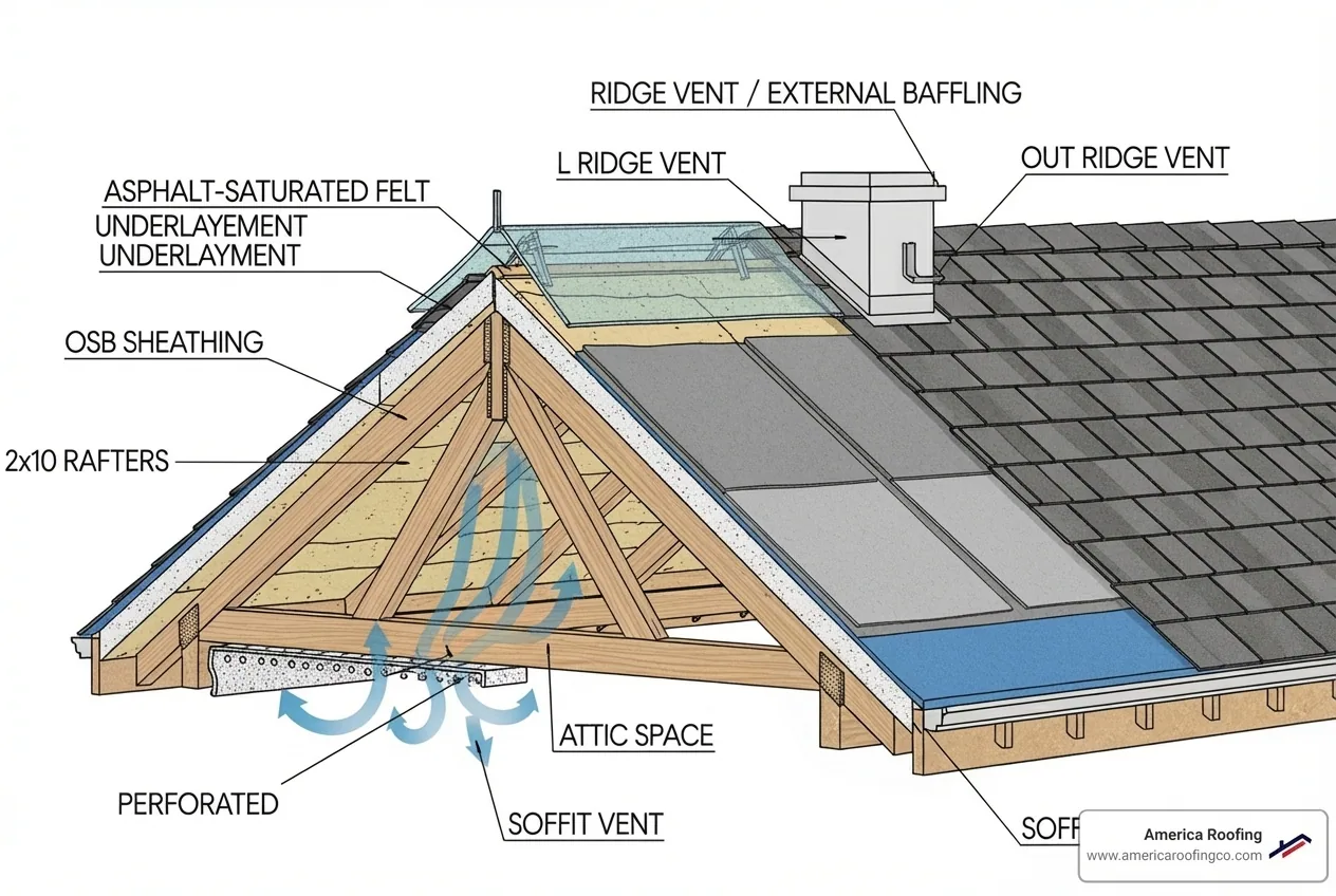A detailed cross-section diagram of a residential roof showing all layers: rafters, sheathing (deck), underlayment, ice and water shield, flashing, shingles, ridge vent, and soffit vent. - Roof replacement