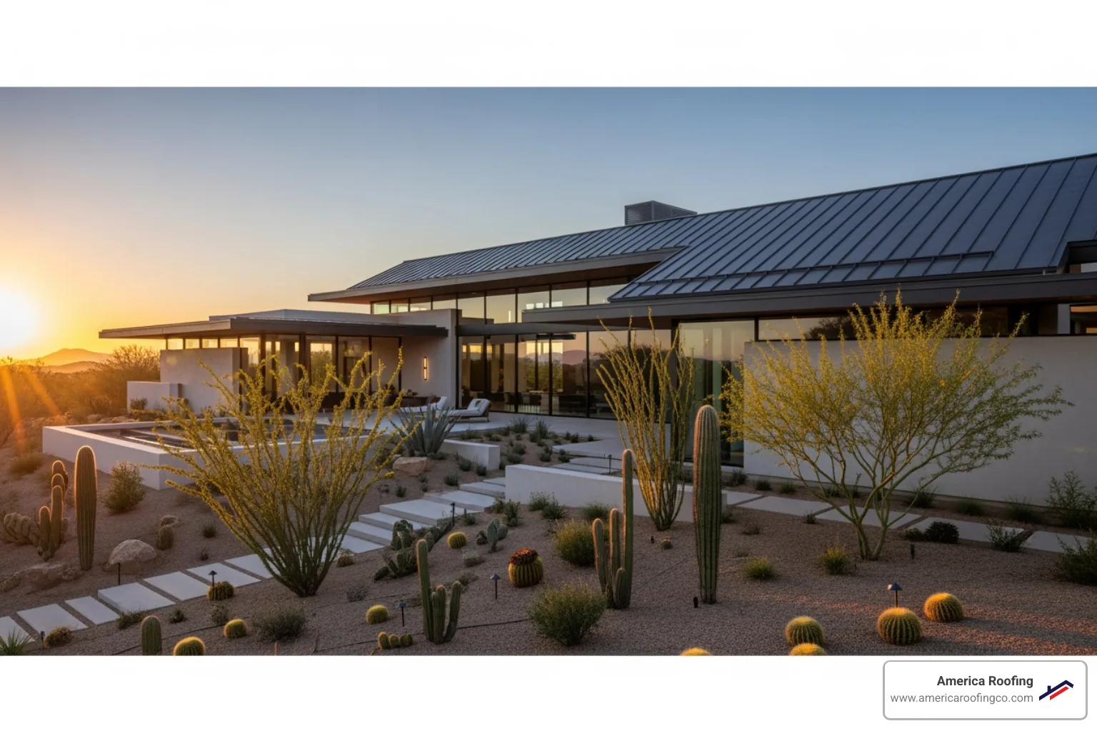 A beautiful modern home in Arizona with a sleek, dark gray standing seam steel roof, featuring clean lines and a minimalist aesthetic. - steel roofers near me