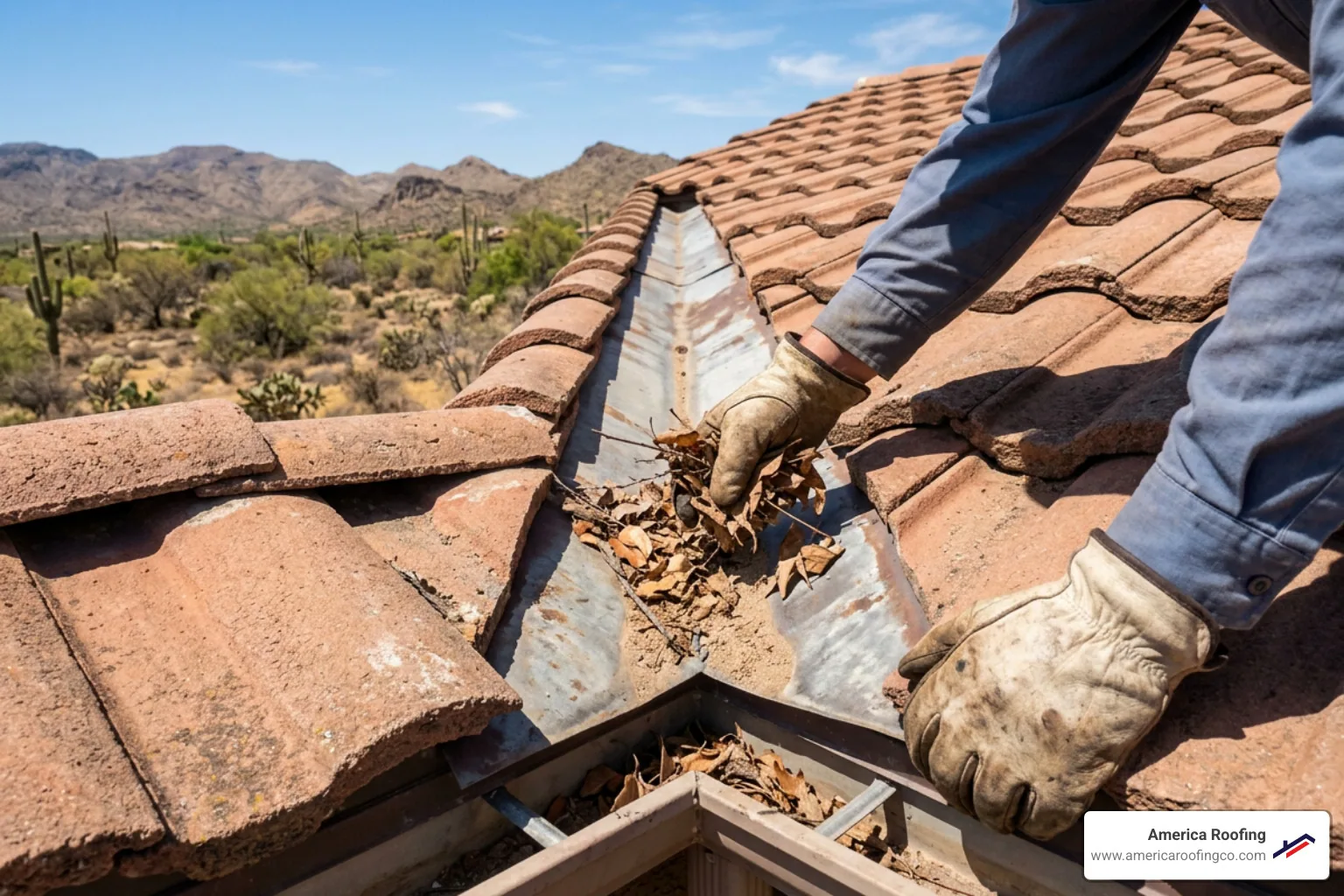Professional tile roofer performing maintenance and clearing debris from a valley to prevent water backup - professional