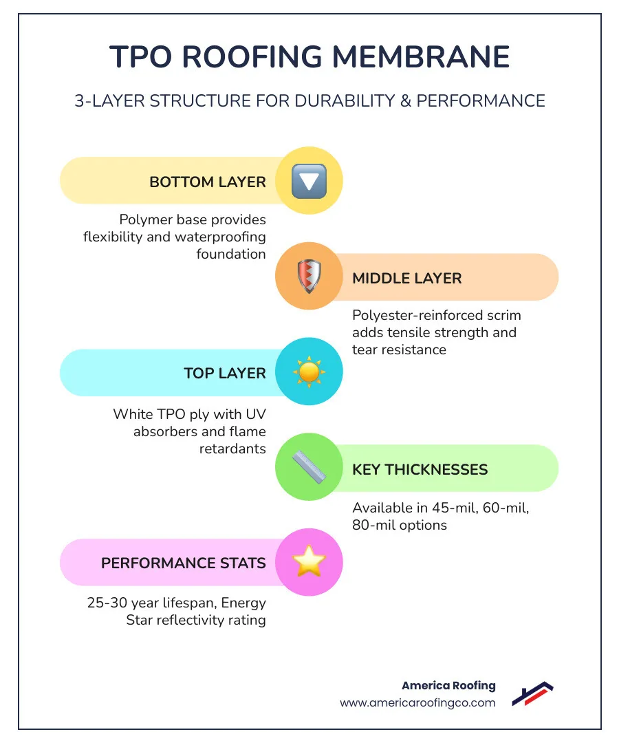 Infographic showing the three-layer structure of a TPO roofing membrane: bottom polymer base layer in gray, middle polyester-reinforced scrim layer with grid pattern, and white TPO top ply layer, with labels for UV absorbers and flame retardants, plus key stats: 45/60/80-mil thickness options, 25-30 year lifespan, 25-35% cheaper than PVC, and Energy Star reflectivity rating - TPO roofing infographic infographic-line-5-steps-colors