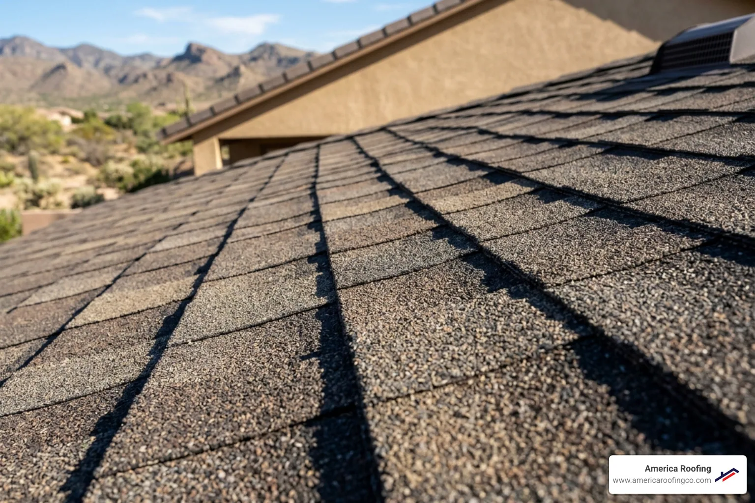 Close-up of algae-resistant architectural shingles on a roof in the Arizona sun - high quality architectural shingles