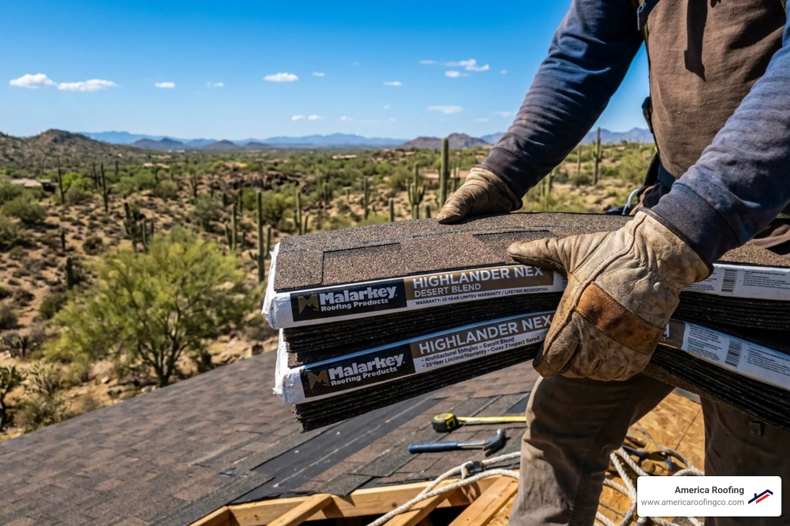 Roofing contractor holding shingle bundles with manufacturer warranty labels - limited lifetime warranty shingles