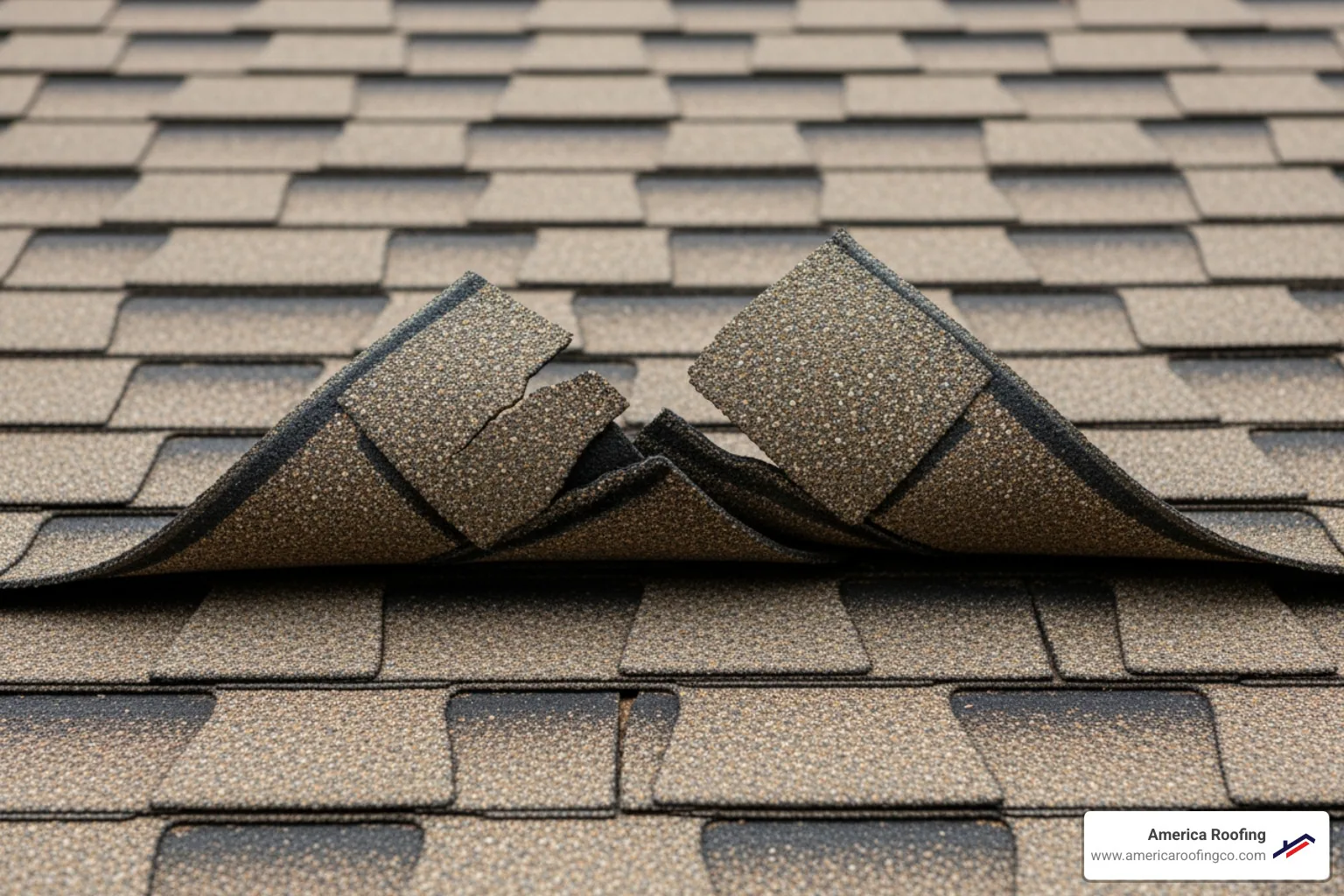 close-up on damaged asphalt shingles (curling, granule loss) - Pre-purchase roof inspection