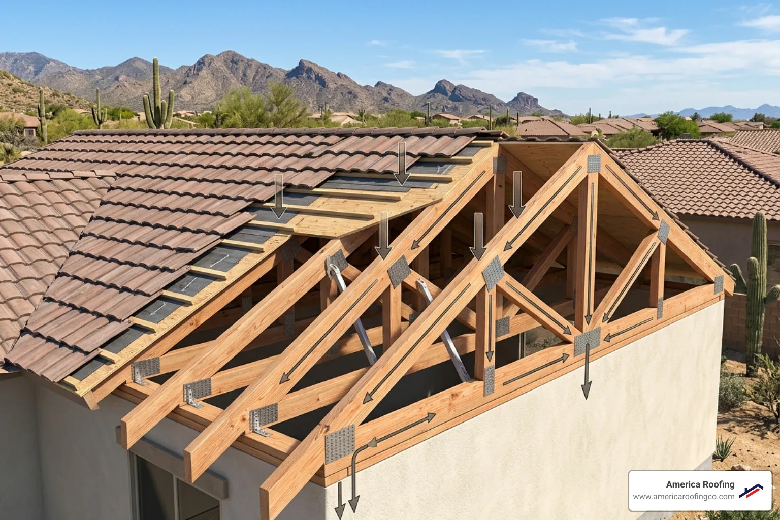 Diagram of roof trusses supporting heavy concrete tile weight - concrete tile roofing