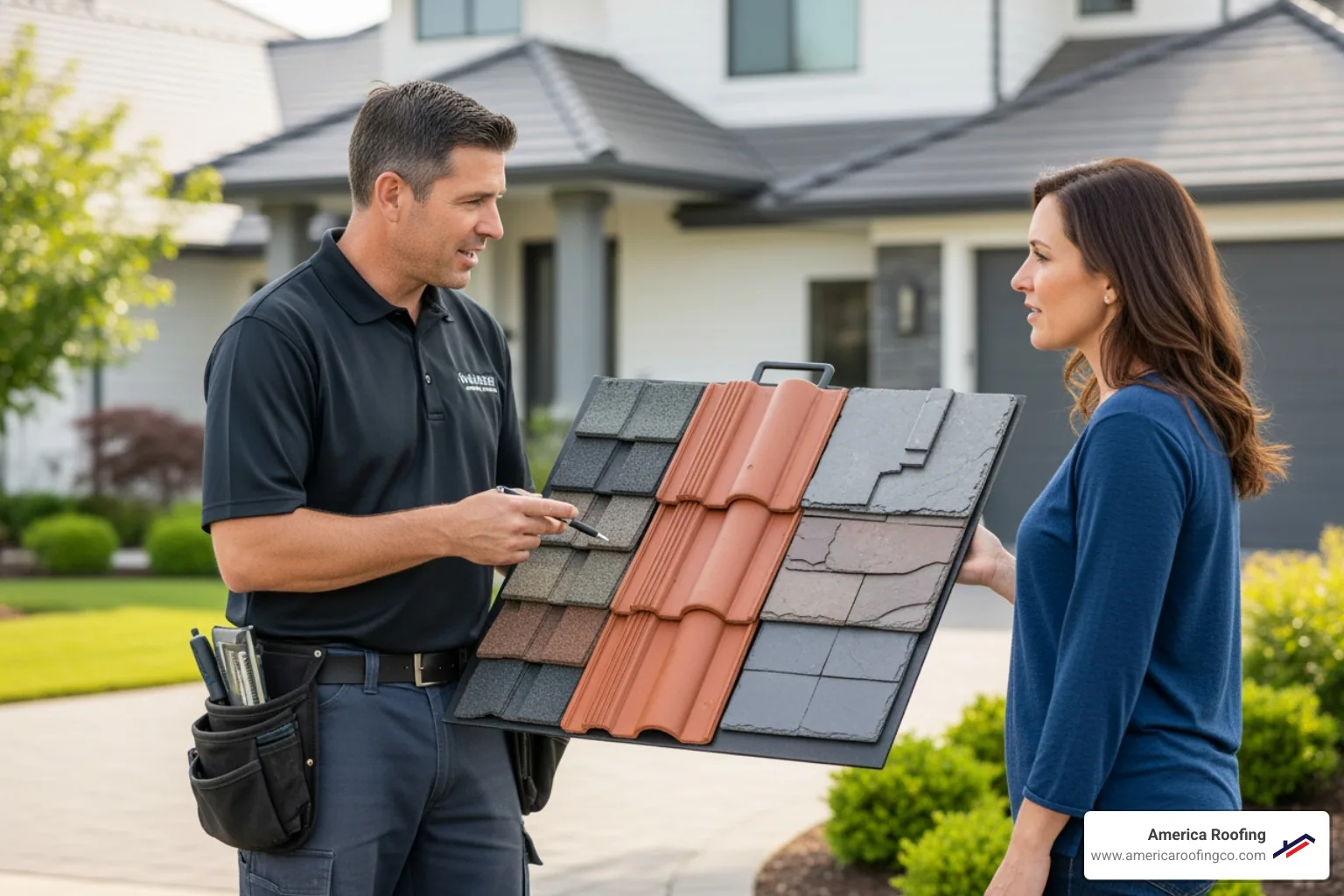 roofing contractor showing a homeowner different tile samples - roofing tiles