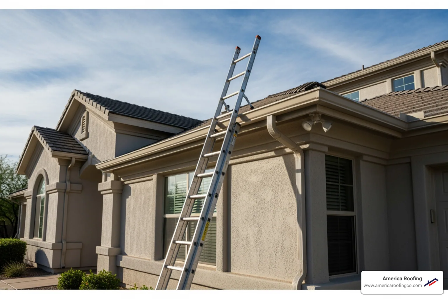 Homeowner safely cleaning gutters with proper equipment - Tucson roof maintenance